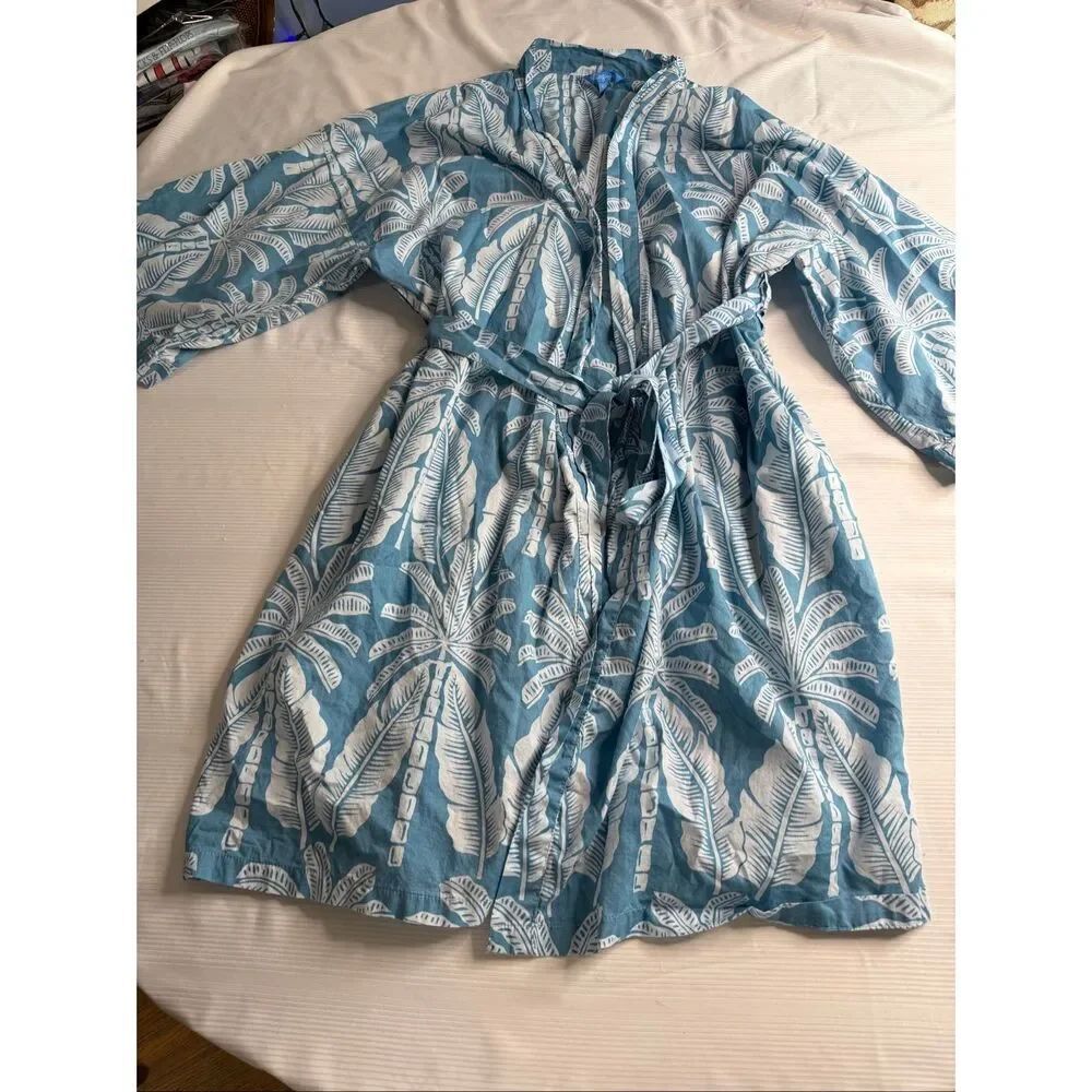 Blue Ginger Kimono Robe Women’s O/S Blue Palm Rayon Belted Pockets Tropical